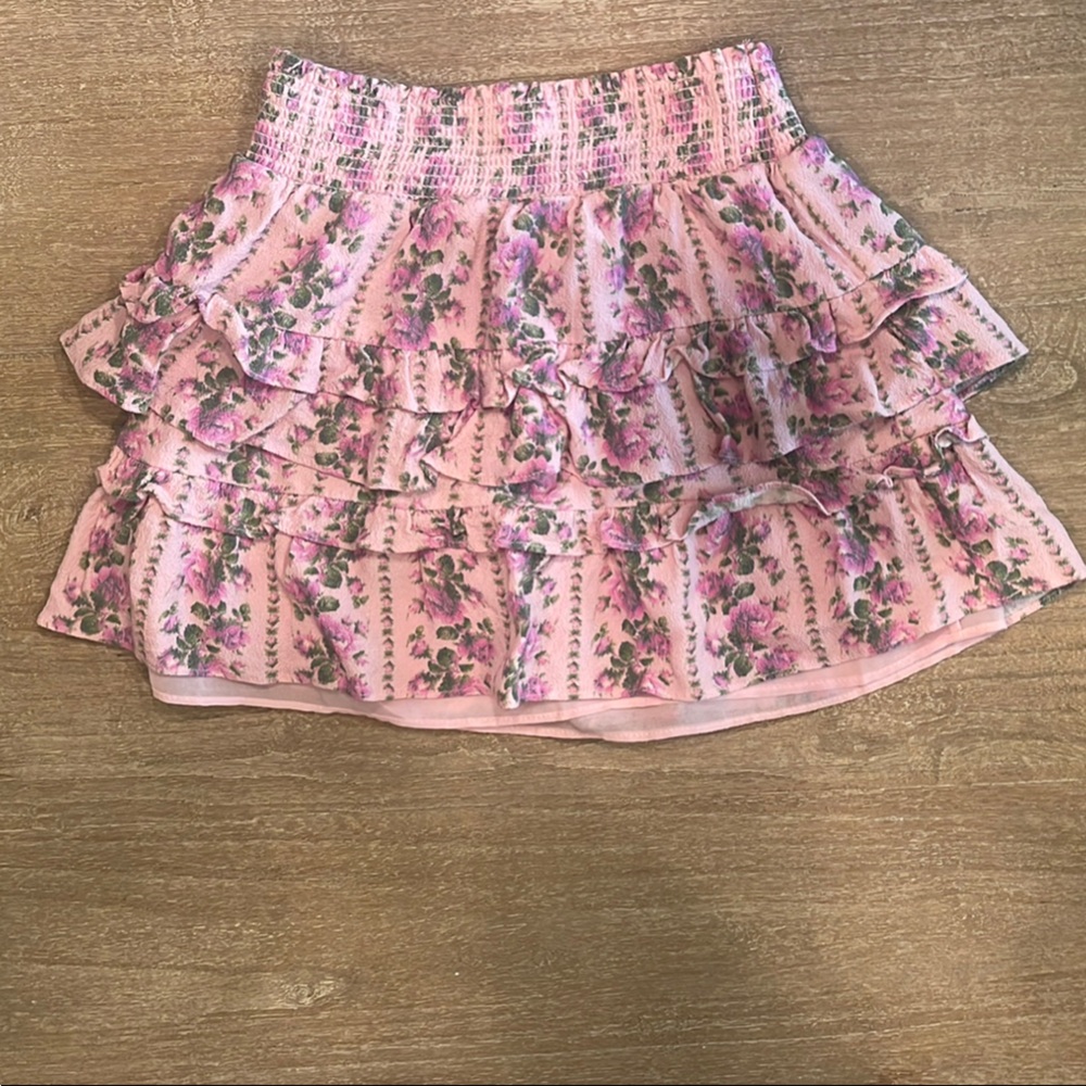 LoveShackFancy Pink Floral Tiered Mini Skirt